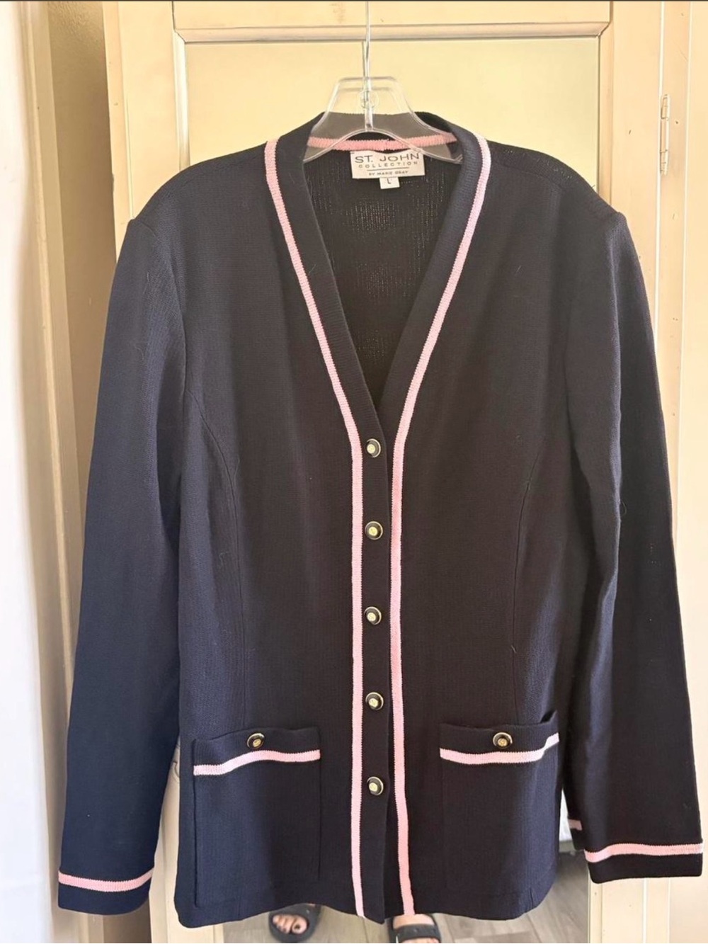St. John Collection Charcoal Gray Sweater with Pink Trim